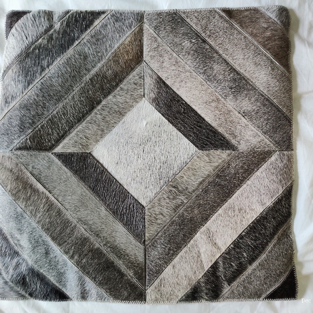 100% Leather Cowhide/Fur Gray Throw Pillow Cover 100% Cotton Backing